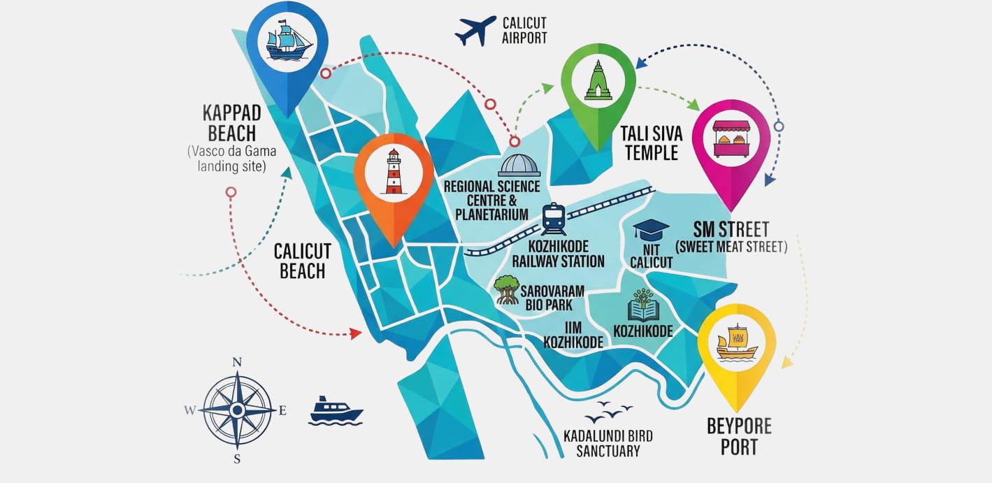 Interactive map showing the digital service network for a professional web design agency in Kozhikode (Calicut), highlighting local business reach.